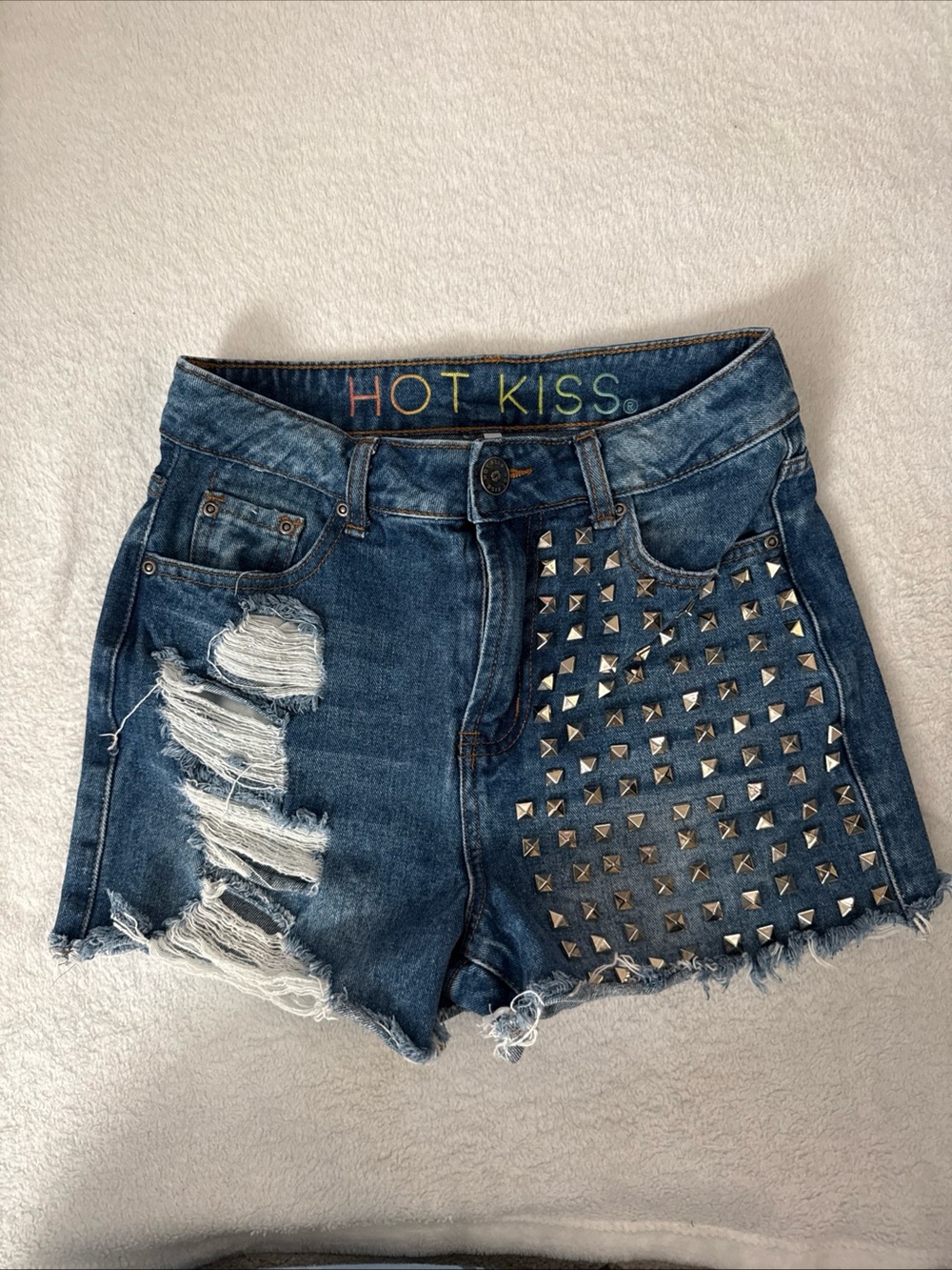 Hot Kiss Dark Blue Distressed Studded Denim Shorts